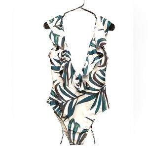 Zaful Women One Piece Swimsuit White Tropical W Palm Leaf Print Back Lace Size L